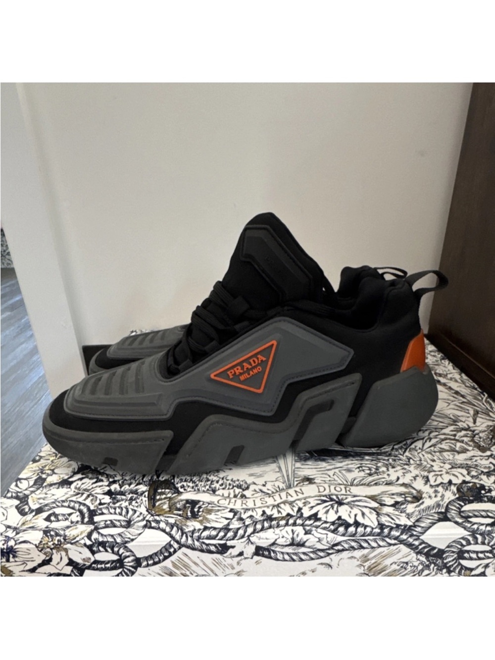 PRADA 2EG314 Men's Low Top Lace Up Sneakers Gray Black Orange Casual Athletic - Picture 1 of 5